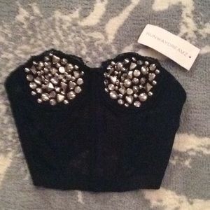 Runwaydreamz Studded Silver Lace Bustier Crop